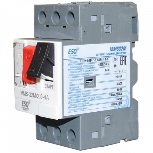 Автомат защиты двигателя ESQ MMS32M 0004 2.5-4А (400V/100kA ESQ) автомат защиты двигателя esq mms32m 0004 2.5-4а (400v/100ka esq)
