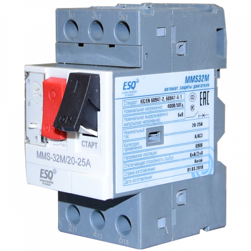Автомат защиты двигателя ESQ MMS32M 0023 17-23А (400V/6kA ESQ) автомат защиты двигателя esq mms32m 0023 17-23а (400v/6ka esq)